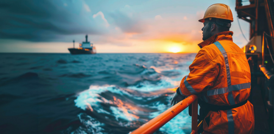 An image of a seafarer in high vis overlooking the sea with a tanker ship on the horizon