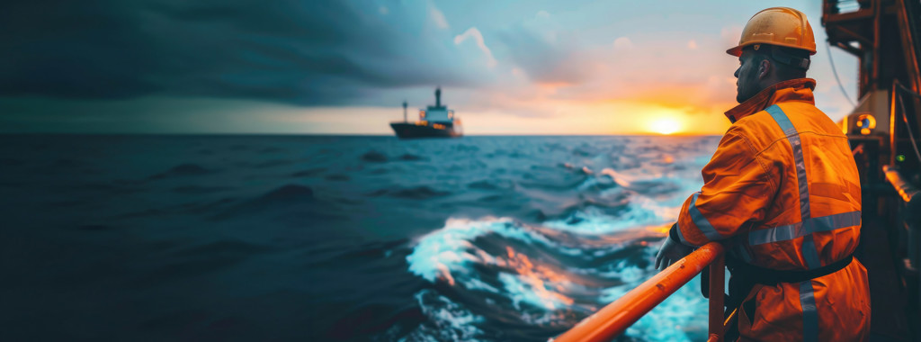 A seafarer in high visibility clothing overlooking the sea with a tanker ship on the horizon