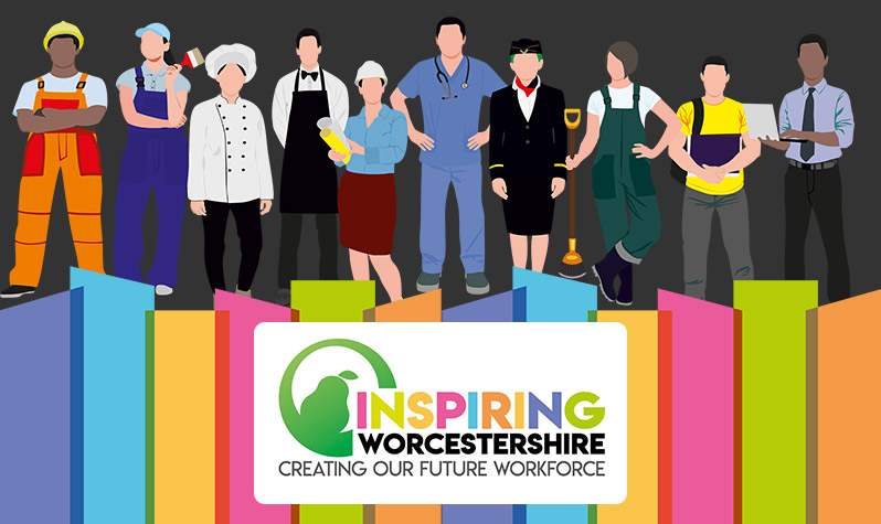 Inspiring Worcestershire logo and illustration of people in different occupations