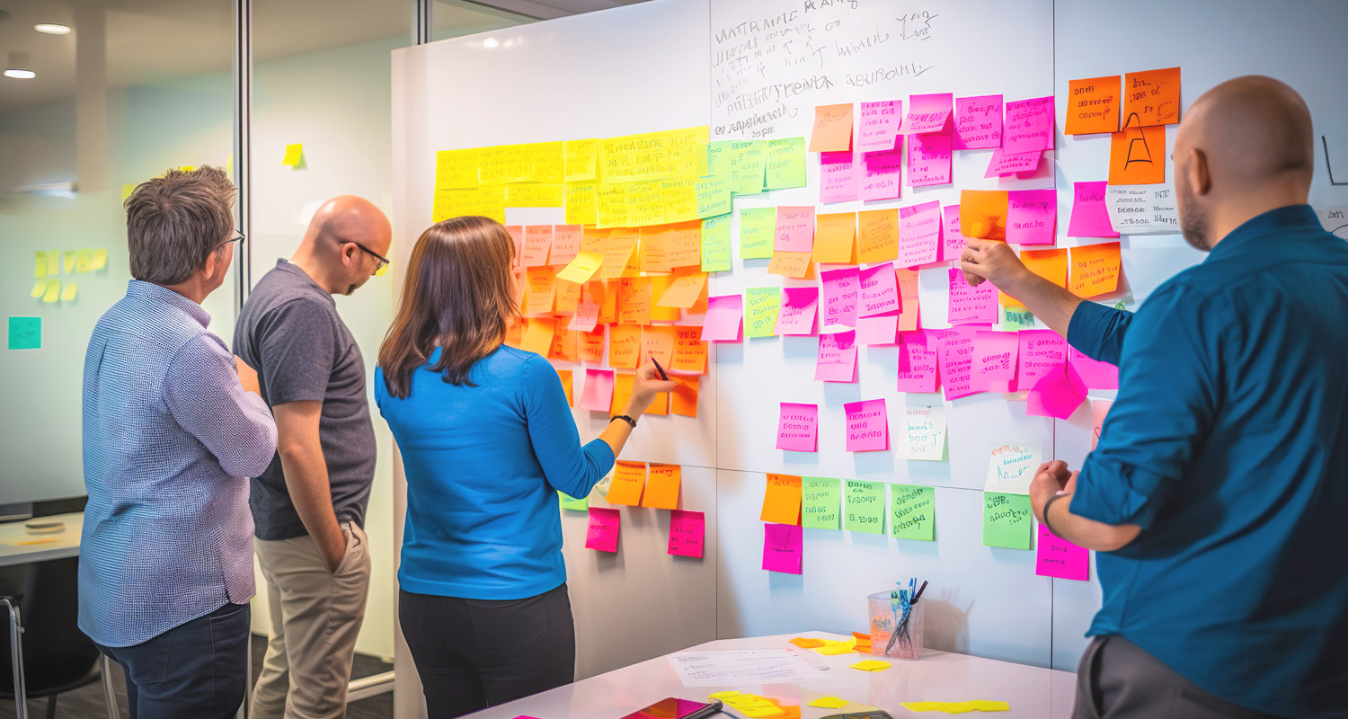 Colleagues looking at a whiteboard with various coloured sticky notes