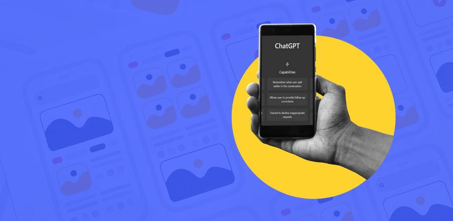 A hand holding a phone with ChatGPT on the screen and a background of UX design wireframes