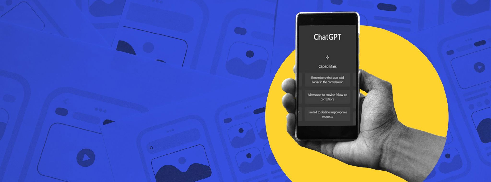 A hand holding a phone with ChatGPT on the screen and a background of UX design wireframes