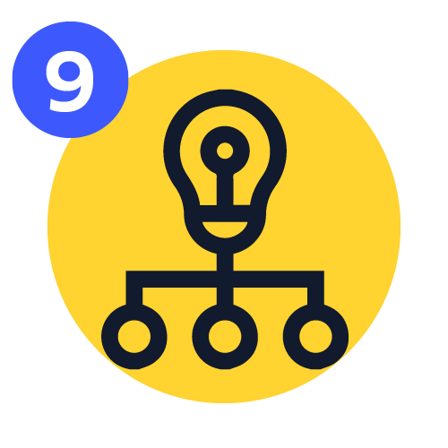 An icon of a lightbulb with sharing connections and number 9