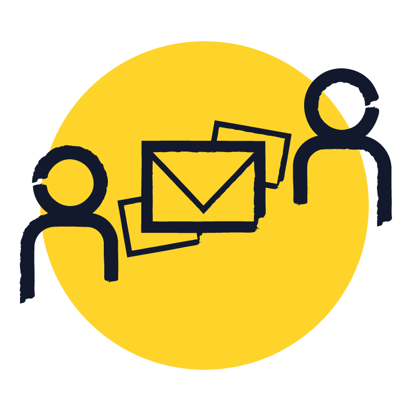 cartoon graphic of two stick men seperated by mail against a yellow circle