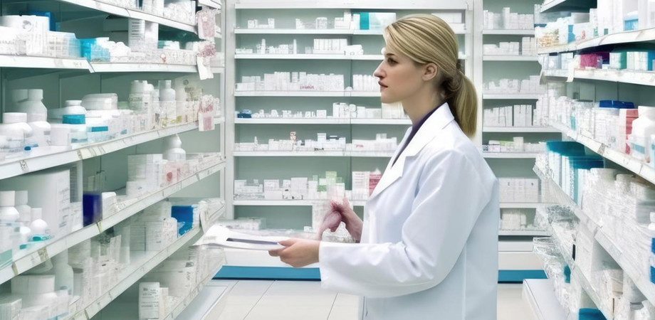 Pharmacist at work looking at shelves of medication