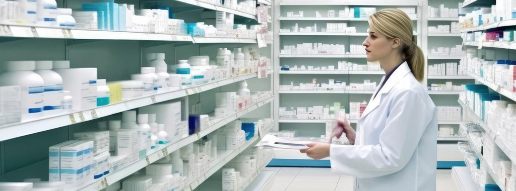 Pharmacist at work looking at shelves of medication