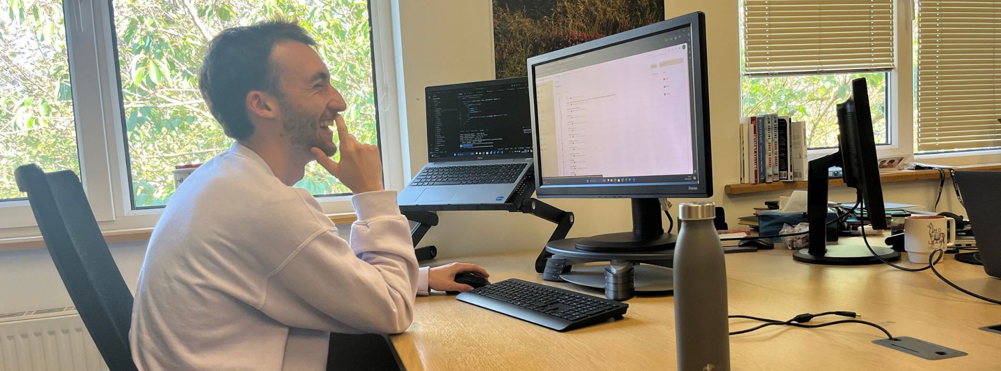 Student Dominic Hubble sat at a desk using the computer