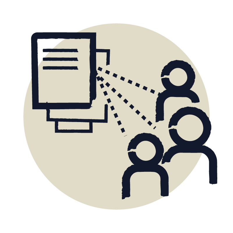 cartoon graphic of stack of papers with diagonal lines connected to stick bodies