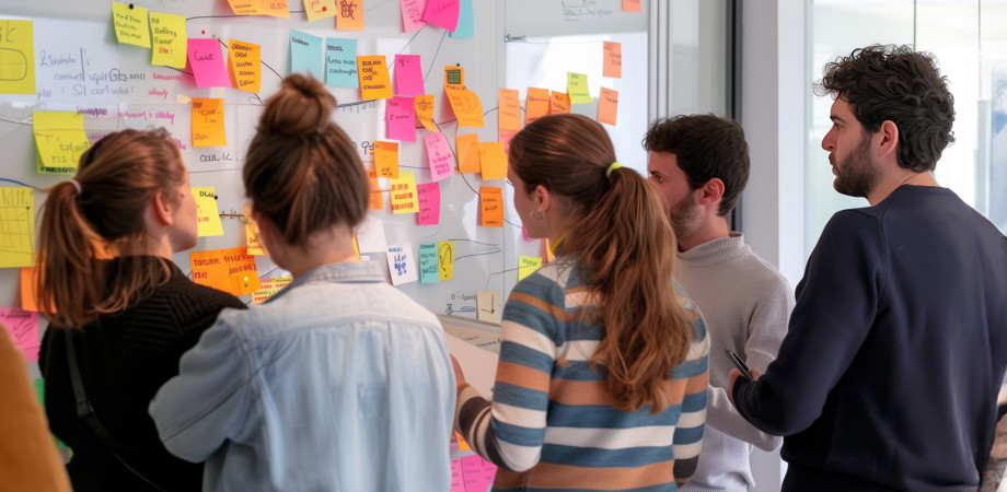 Team during a discovery session, using a whiteboard and sticky notes