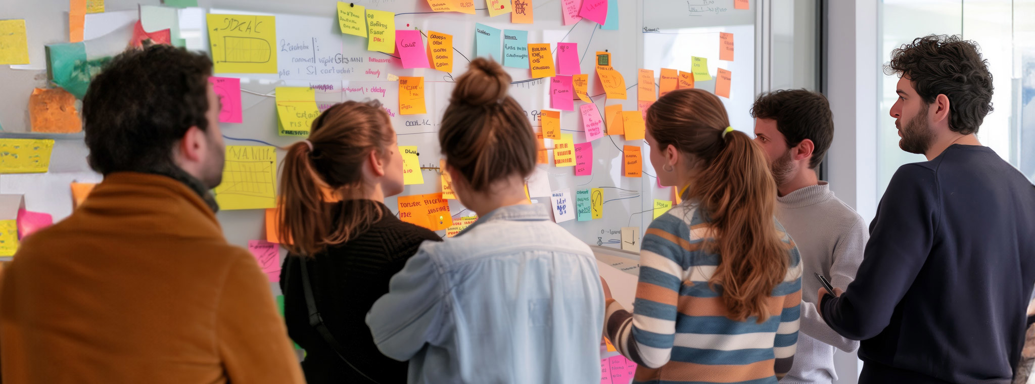 Team during a discovery session, using a whiteboard and sticky notes